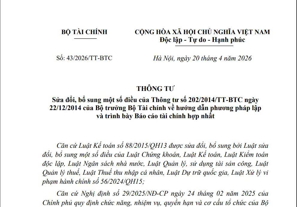 Thông tư 43/2026/TT-BTC sửa đổi quy định về Báo cáo tài chính hợp nhất