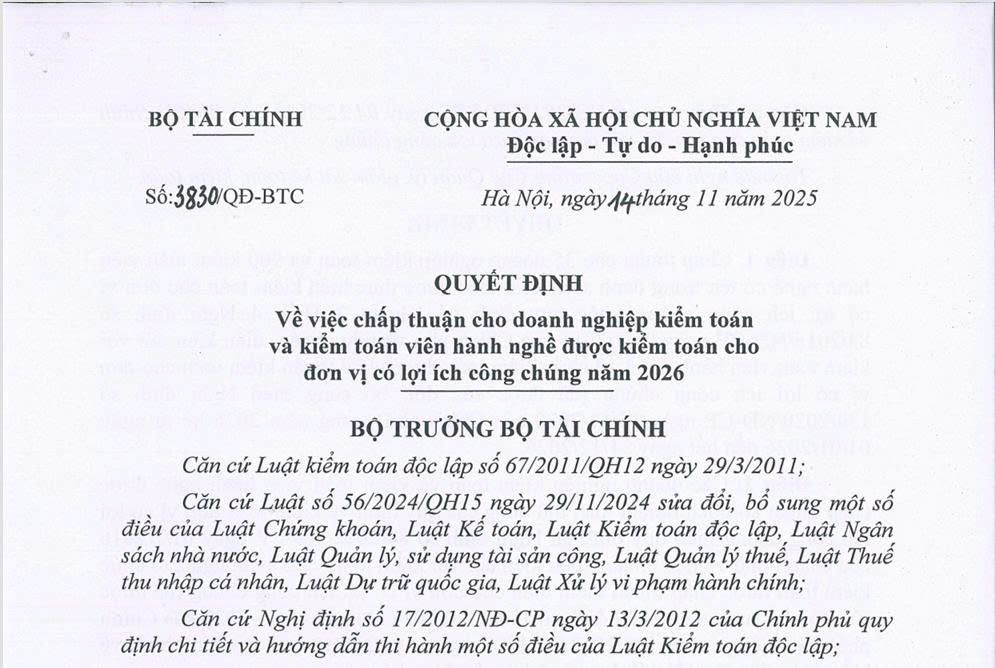 CPA VIETNAM Receives Approval Decisions from the Ministry of Finance and the State Securities Commission to Audit Public Interest Entities in 2026