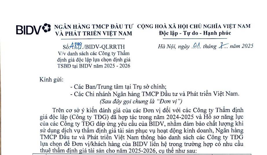 BIDV lựa chọn CPA VIETNAM là đơn vị thẩm định giá độc lập giai đoạn 2025-2026