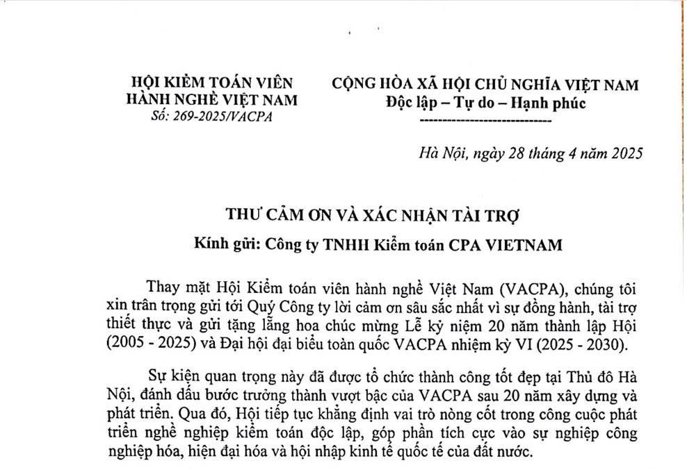 CPA VIETNAM nhận Thư cảm ơn từ VACPA. 