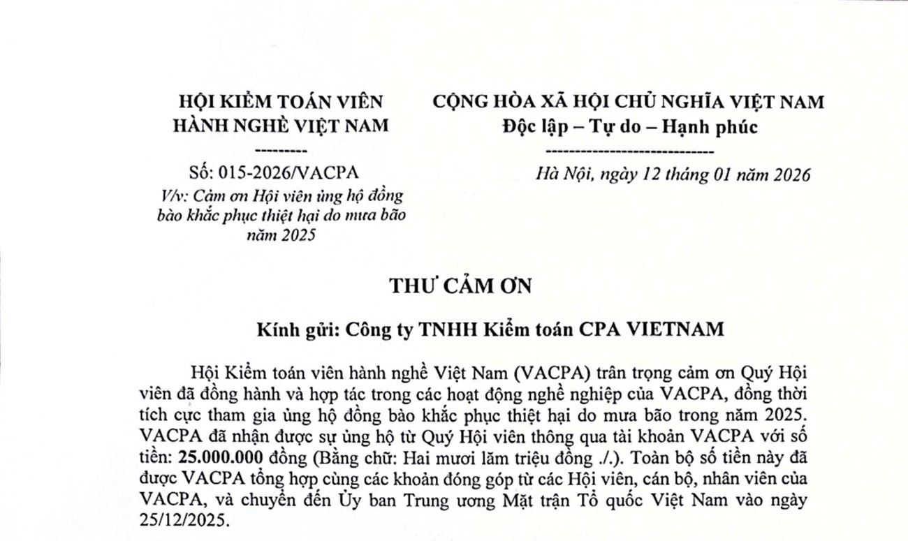 CPA VIETNAM Receives a Letter of Appreciation from the Vietnam Association of Certified Public Accountants (VACPA)