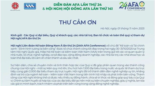CPA VIETNAM nhận Thư cảm ơn từ Chủ tịch VAA sau thành công của Hội nghị Liên đoàn Kế toán Đông Nam Á lần thứ 24