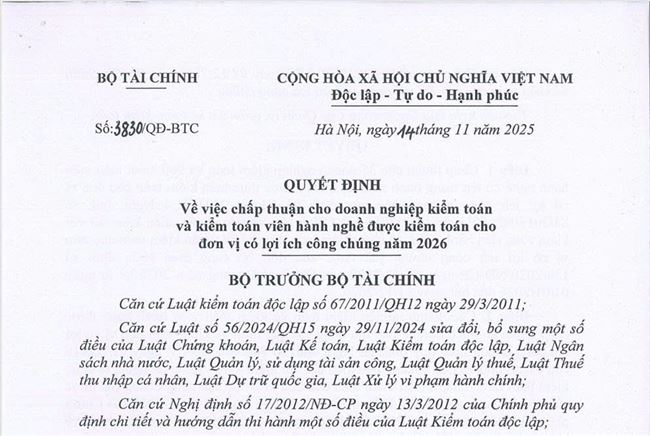 CPA VIETNAM nhận Quyết định của Bộ Tài chính và Ủy ban Chứng khoán Nhà nước về việc chấp thuận kiểm toán cho đơn vị có lợi ích công chúng năm 2026