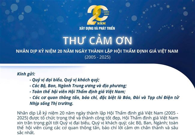 CPA VIETNAM nhận Thư cảm ơn từ Hội Thẩm định giá Việt Nam