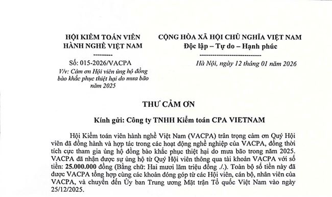 CPA VIETNAM nhận Thư cảm ơn từ Hội Kiểm toán viên hành nghề Việt Nam (VACPA)