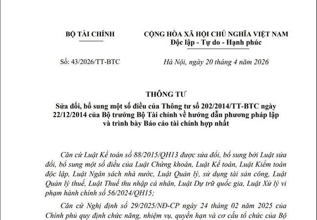 Thông tư 43/2026/TT-BTC sửa đổi quy định về Báo cáo tài chính hợp nhất