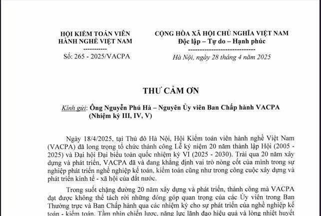 Ông Nguyễn Phú Hà nhận Thư cảm ơn từ VACPA